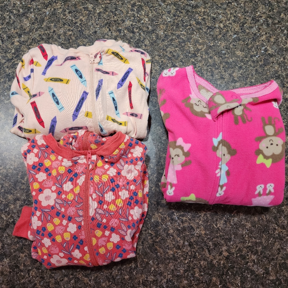 Toddler Girls 18 month Footed Zip Jammies PJs Sleepwear (3 Items)